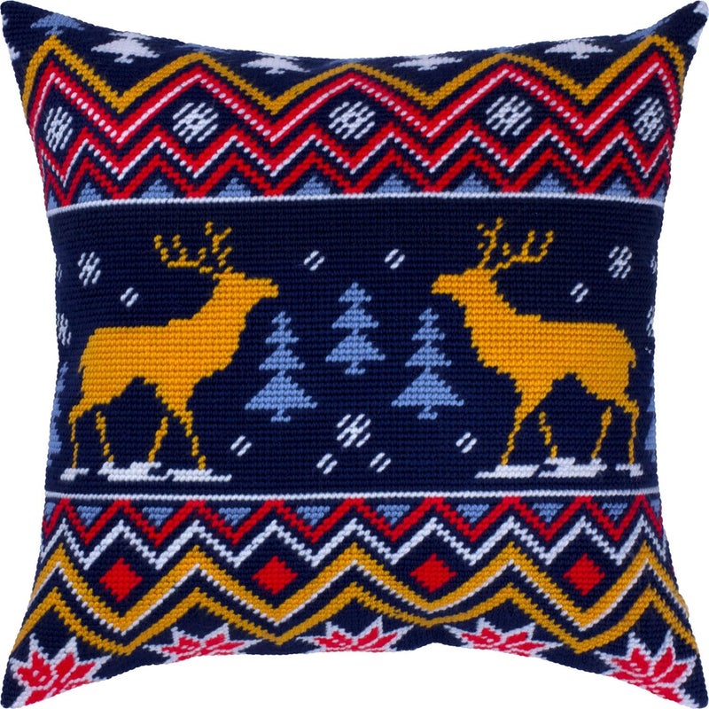 Brvsk Christmas Stamped Cross-Stitch Kit for Adults and Beginners — Winter Moose 16″ × 16″ with Clear, Precise Printed Design on Cotton Canvas; Includes 2 Needles, Yarn, and Easy-Read Chart - Image 1